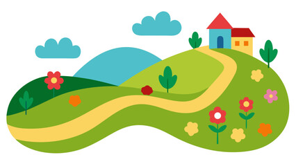 Obraz premium Charming cartoon landscape with rolling hills flowers trees and houses