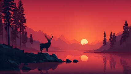 Sunset Deer Silhouette: A captivating silhouette of a deer against the backdrop of a vibrant sunset over a tranquil lake, painting a scene of peace and serenity.
