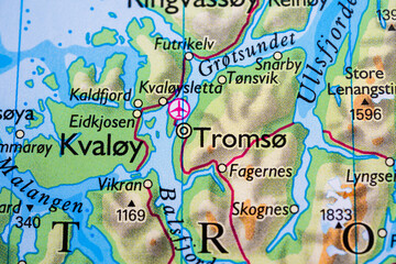 Cartographic map highlighting Tromso and Kvaloya Norway.
