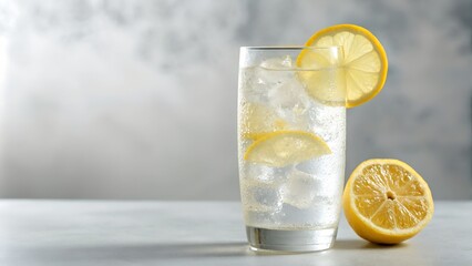 Clear Refreshing Sparkling Water With Ice Lemon Slices And Bubbles In A Tall Glass