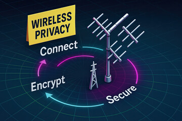 Naklejka premium Wireless privacy connect encrypt secure wireless antenna tower network security data protection signal encryption safeguard