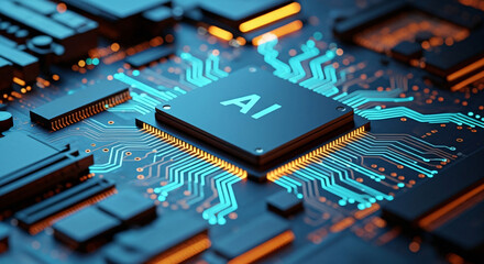 AI Artificial Intelligence processor chip on a glowing circuit board