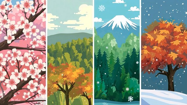Four seasons illustrated with stylized trees and vibrant landscapes. 