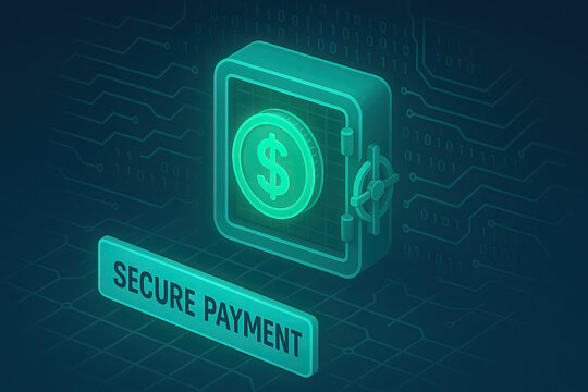 Secure payment digital vault and dollar coin icon symbolize encrypted online transaction protection with glowing neon tech graphics conveying trust and financial security for ecommerce users
