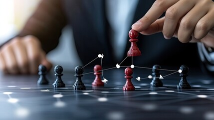 A hand holds a red pawn while arranging colorful game pieces on a graph, illustrating connections in a strategic layout