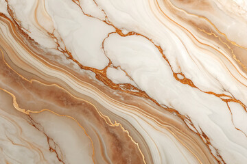 Creamy white marble surface with flowing brown, tan, and gold veining — elegant natural texture ideal for luxury interiors and architectural applications. generative ai