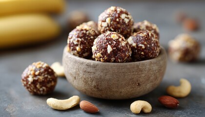 Nutrient-Packed Organic Granola Bites With Nuts, Cacao, Banana, Honey: A Raw Vegan Snack Or Meal Option For Health-Conscious Individuals.