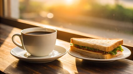 A Warm Cup Of Coffee And A Delicious Sandwich Sit Together On A Wooden Table With Morning Sun Light Shining Through A Window