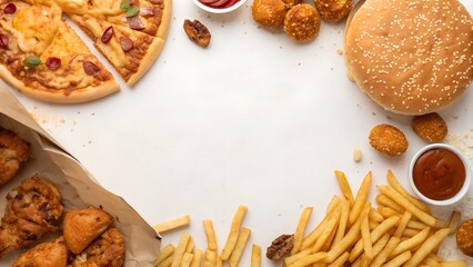 Assortment Of Fast Food Including Pizza Burger Fries And Chicken Nuggets On White Background