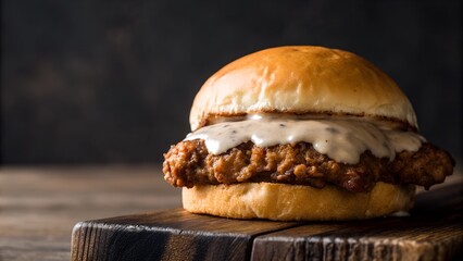 Crispy Fried Chicken Sandwich With Creamy Gravy And Toasted Bun On Rustic Wood Board Dark Background