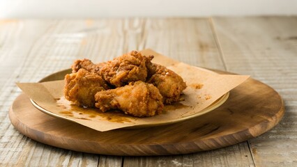 Crispy Golden Brown Fried Chicken Drumsticks Served on Brown Paper on a Wooden Board with Soft Lighting