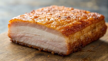 Crispy Pork Belly With Golden Brown Crackling Served On A Wooden Cutting Board