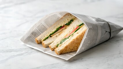 Freshly Made Sandwich Wrapped In Newspaper On A Marble Countertop