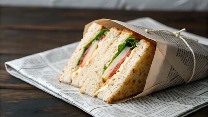 Freshly Made Club Sandwich Wrapped in Newspaper with Lettuce Tomato and Cheese on a Wooden Table