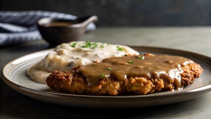 Golden Breaded Chicken Cutlet With Creamy Mashed Potatoes Smothered In Rich Brown Gravy Garnished With Chives