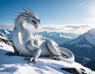 Mythical white dragon coiled around a snow mountain peak, divine aura, cinematic fant