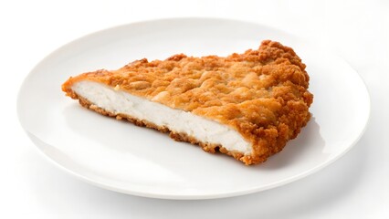 Golden Brown Breaded Chicken Cutlet on a White Plate Isolated on White Background Studio Shot