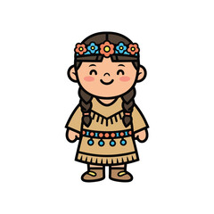 Cute Cartoon Style Native American Girl with Flower Crown Illustration