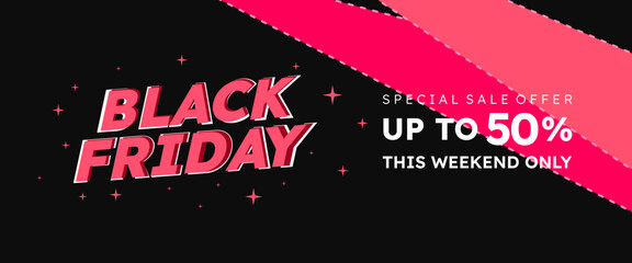 Black Friday banner in cheerful pinks. Creative offer banners up to 50 percent off for Black Friday sales. Attractive banners for web headers, online stores, and backgrounds.