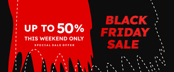 Black Friday sale banner with red and black paint splashes on the background and dotted lines. Modern background for online stores, social media, sales ads, and websites. Black Friday sale