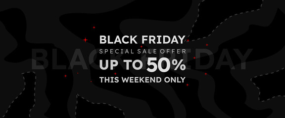 Minimal Black Friday horizontal background. Black Friday typography banner with black and dark gray patterns. Modern, simple poster for Black Friday deals, online store sales, or web headers.