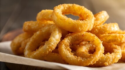 Golden Brown Crispy Onion Rings Stacked on Paper with Soft Lighting