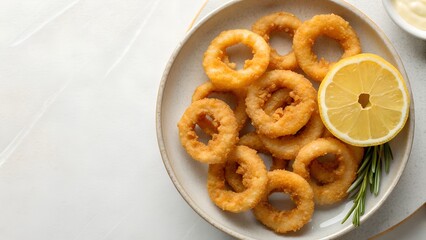 Golden Fried Calamari Rings Served With Tartar Sauce And Lemon Slice On A Plate