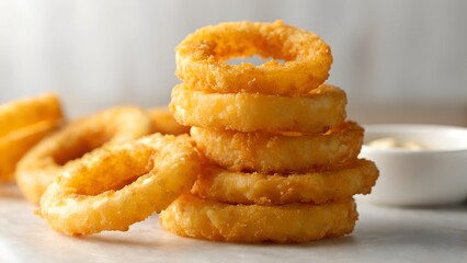 Golden Fried Onion Rings Stacked High on a Marble Slab with Creamy Dip in Soft Lighting