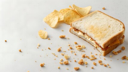 Golden Grilled Cheese Sandwich with Crisps and Crumbs on a White Surface
