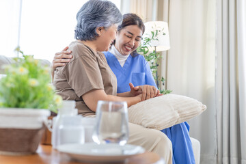Caregiver supporting elderly patient in home healthcare setting, sharing laughter and positive moment, expressing warmth, empathy, and companionship strengthen emotional wellness and quality recovery
