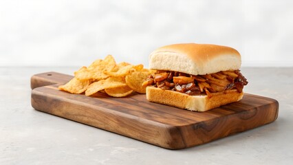 Hearty Pulled Pork Sandwich with Crispy Potato Chips on a Wooden Cutting Board