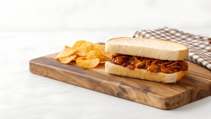 Pulled Pork Sandwich on Toasted Bun with Crispy Potato Chips and Gingham Napkin on Wooden Board