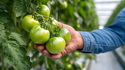 man's hand holding unripe tomatoes on the vine