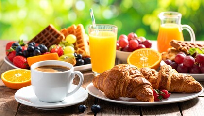 Breakfast Still Life with Croissants Waffles Coffee and Fruit on Wood Table