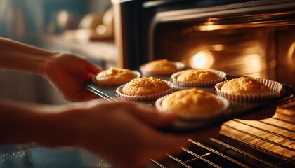 Woman Placed Cupcake Batter In The Oven For Baking In A Close-Up Shot Of The Kitchen. It'S Time For Cooking Delicious Cupcakes.