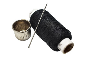 Hand sewing items, namely a spool of thread, a needle and a thimble on a PNG background.