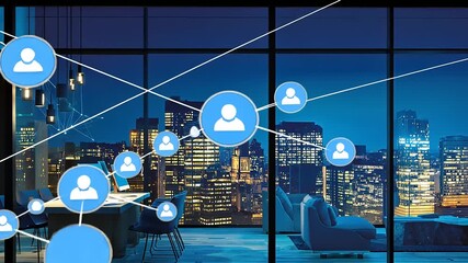 Global Connections and Networking in a Modern Office with Cityscape View, Exploring the Concept of - Powered by Adobe