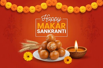 Fototapeta premium Happy makar sankranti greeting card with sweets, diya, and wheat on red background