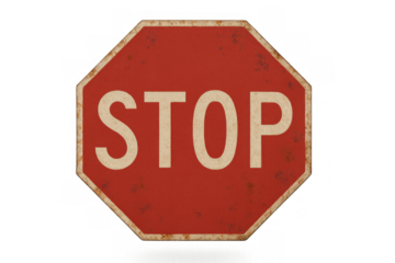 Stop sign with rough texture and rusty borders, vintage road safety signal isolated on a transparent background
