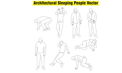 Architectural sleeping people vector set illustrating men and women in various bed and sleeping positions. Perfect for architectural plans, bedroom design projects, interior layouts, and human posture