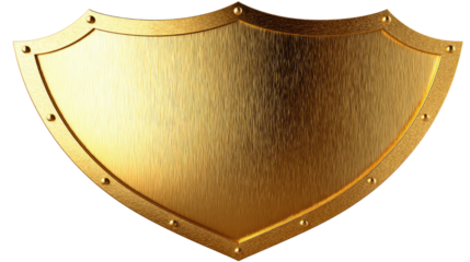 Golden metal shield with polished reflective surface symbolizing protection, strength, and medieval defense power isolated on white background
