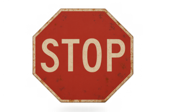 Stop sign with rough texture and rusty borders, vintage road safety signal isolated on a transparent background