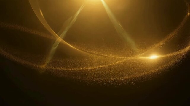 Luxurious, warm abstract background loop of shimmering gold particles flowing dynamically in wave-like formations, illuminated by a bright top light