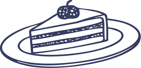 Line art illustration of a layered cake slice with a berry on a plate dessert.