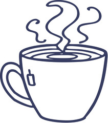 Simple Line Art Illustration of Steaming Hot Tea Cup with Tea Bag.