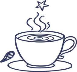 Hand-drawn Steaming Cup of Coffee or Tea with Star and Leaf.