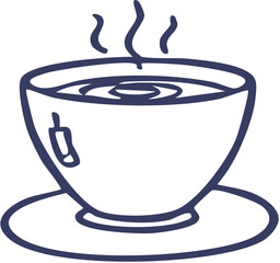 Steaming hot beverage cup on saucer simple line art icon.