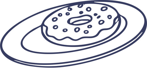 Simple line art drawing of a frosted donut with sprinkles on a plate.