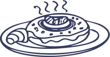Hand-drawn Steaming Breakfast Pastry with Butter and Croissant on a Plate.