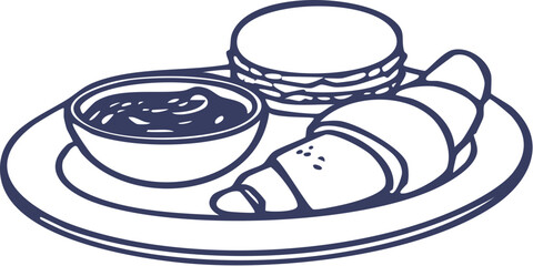 Line art breakfast plate with croissant jam bowl and stacked pancakes.
